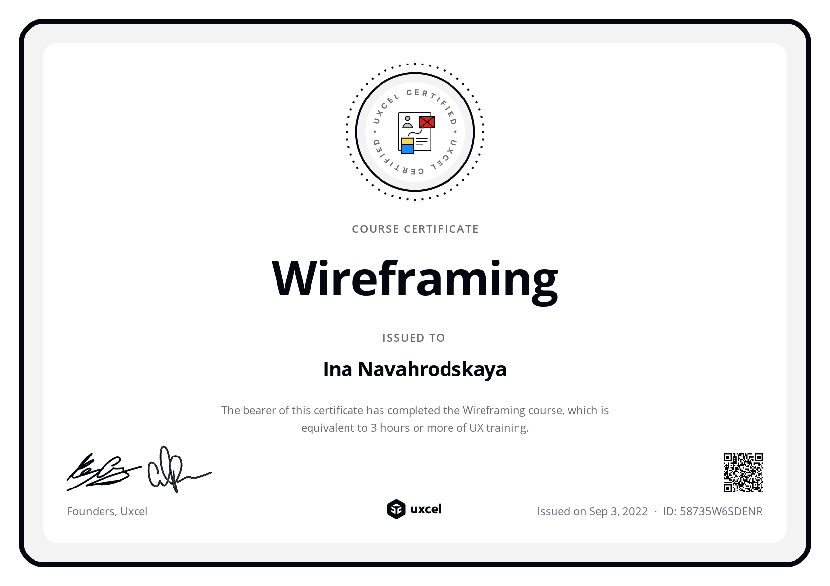 Ina Navahrodsky's certificate
